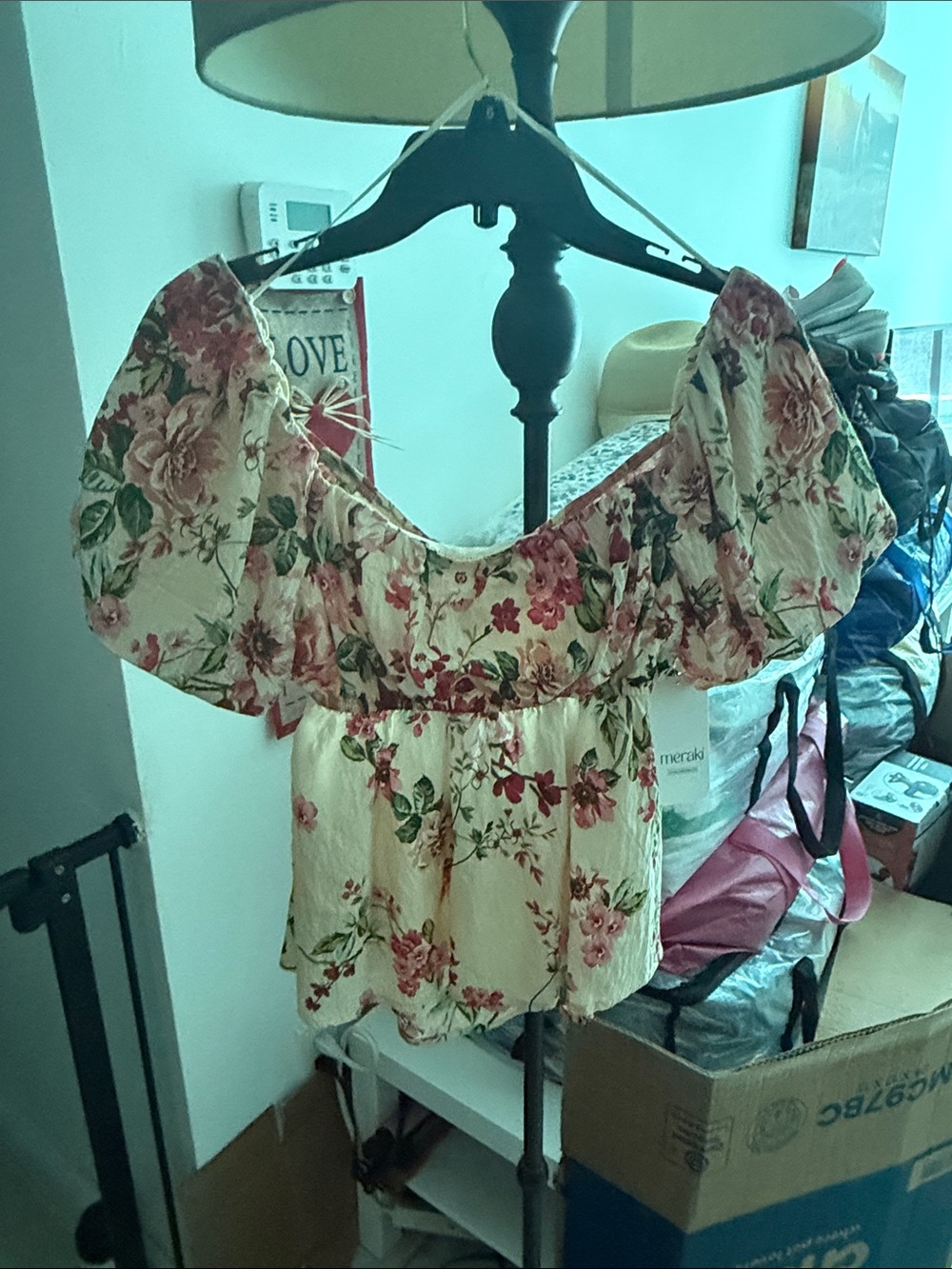 meraki Cream Floral Bardot Blouse with Puff Sleeves
